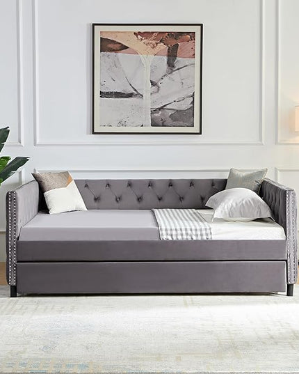Full Size Velvet Upholstered Daybed with Trundle, Solid Wood Sofa Bed w/Button Tufted Backrest, for Living Room, Bedroom, Dorm, No Box Spring Needed, Space-Saving Design, Grey - LeafyLoom