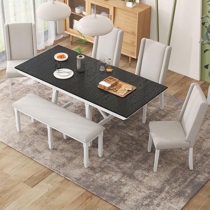 RITSU SONGG Farmhouse 6-Piece Dining Set, Included Solid Wood Rectangular Extendable Table with Two 12" W Removable Leaves and 4 Upholstered Chairs & a Bench, Home Kitchen Furniture, White+Black - LeafyLoom