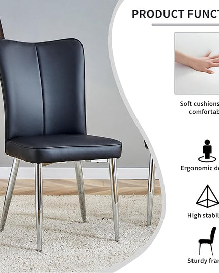 Modern Dining Chairs Set of 2, PU Leather Seat Cushions Black Dining Room Chair, with Silver Metal Legs Kitchen Chair for Home Living Room, Restaurant, Black Chair Silver Legs - LeafyLoom