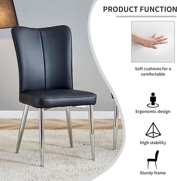 Modern Dining Chairs Set of 2, PU Leather Seat Cushions Black Dining Room Chair, with Silver Metal Legs Kitchen Chair for Home Living Room, Restaurant, Black Chair Silver Legs - LeafyLoom