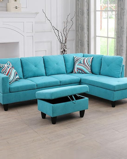 3-Piece L-Shaped Sectional Couches Lounge & Storage, 97 Modular Living Room Home Office, 3pcs 97'' Sofa+66.5'' Chaise+28.5'' Ottoman(Right), Green Linen - LeafyLoom