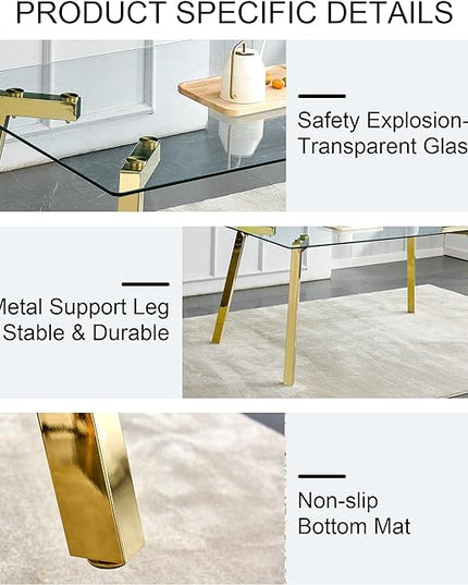 NicBex Modern Minimalist Style Rectangular Glass Dining Table with Tempered Glass Tabletop and Golden Metal Legs Suitable for Kitchen, Dining Room and Living Room, Golden - LeafyLoom