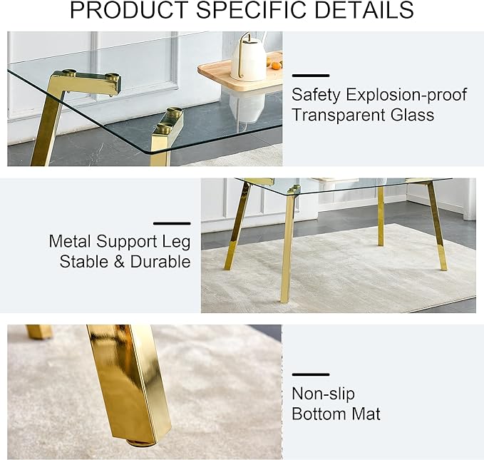 NicBex Modern Minimalist Style Rectangular Glass Dining Table with Tempered Glass Tabletop and Golden Metal Legs Suitable for Kitchen, Dining Room and Living Room, Golden - LeafyLoom