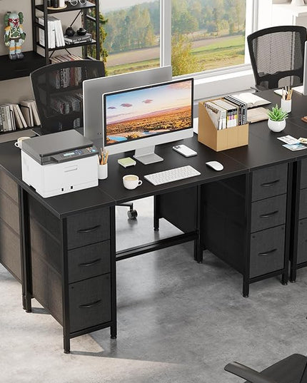 55'' Office Desk with 6 Fabric File Drawers - File Drawer Organization, Computer Work Desk, Study Writing Table, Home Office Workstation, Black. - LeafyLoom