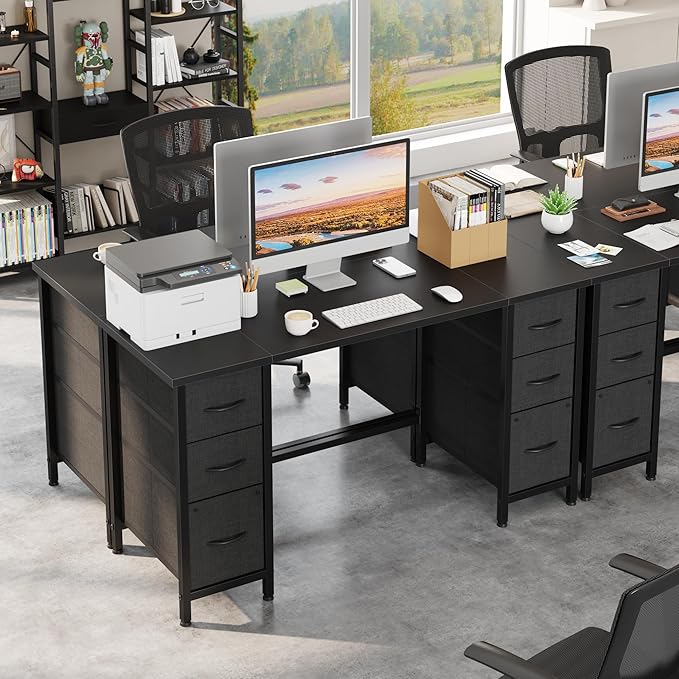 55'' Office Desk with 6 Fabric File Drawers - File Drawer Organization, Computer Work Desk, Study Writing Table, Home Office Workstation, Black. - LeafyLoom