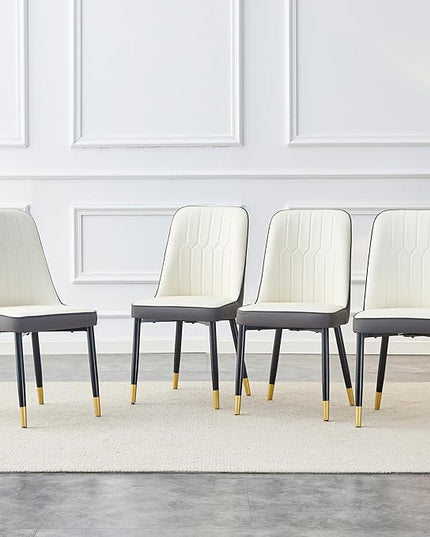 Modern Set of 4, Faux Leather Dining PU Upholstered Kitchen Chair with Black Golden Metal Legs for Home Living Room, Restaurant, 4 Piece, White+gray - LeafyLoom