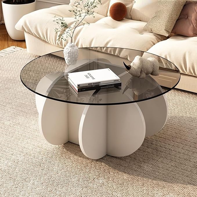Round Coffee Table, 31.5" White Glass Coffee Tables for Living Room, Unique Circle Coffee Table with Solid Wood Base Abstract Small Center Tabl - LeafyLoom