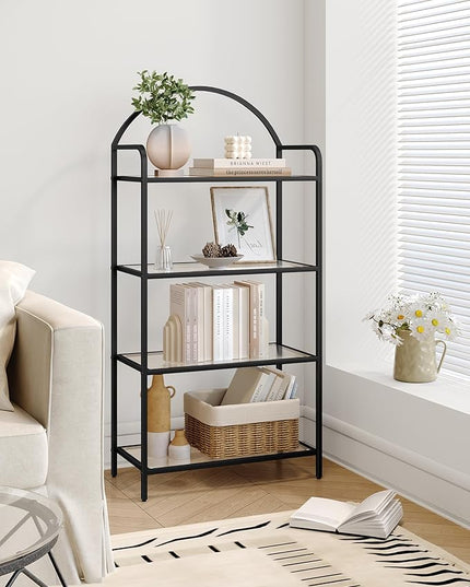 Bookcase Bookshelf, Tempered Glass Bookshelves, Slim Shelving Unit for Bedroom, Bathroom, Home Office, Steel Frame, 4 Tier Black BC21499B - LeafyLoom