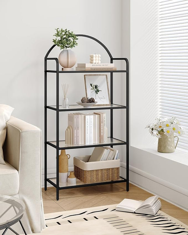 Bookcase Bookshelf, Tempered Glass Bookshelves, Slim Shelving Unit for Bedroom, Bathroom, Home Office, Steel Frame, 4 Tier Black BC21499B - LeafyLoom