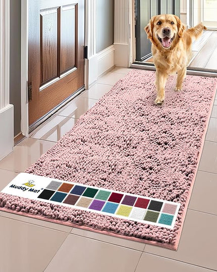 Muddy Mat® Original Dog Door Mat for Muddy Paws, Super Absorbent Microfiber, Non-Slip Washable Pet Rug, Quick Dry Chenille Entryway Carpet, Machine Washable Indoor Outdoor mat, Pink 24"x60" MuddyMat
