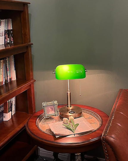 FIRVRE Glass Bankers Desk Lamp USB Wireless Charging Port LED Desk Lamp Classic Retro Pull Chain Switch Table lamp Reading Modern for Home Office nightstand Bedside Study Desk Library (Green) - LeafyLoom