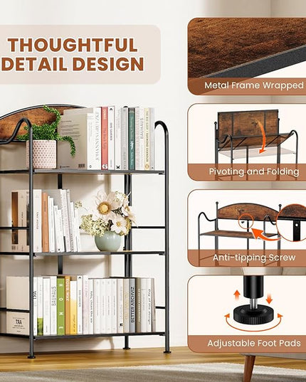 Folding Bookshelf No Assembly, 3 Shelf Black Folding Bookcase,Industrial Small Metal Corner Display Book Shelf with Storage Shelves for Bedroom,Living Room, Home Office Organization - LeafyLoom