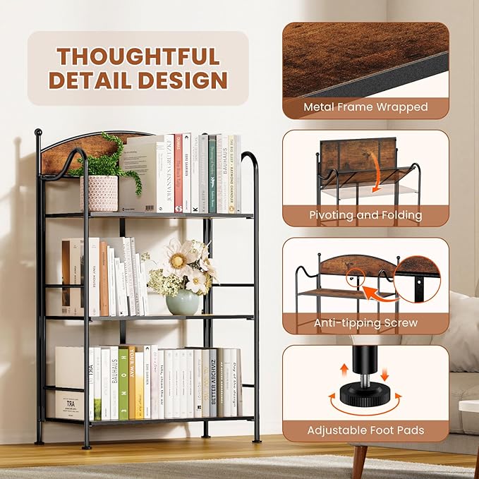 Folding Bookshelf No Assembly, 3 Shelf Black Folding Bookcase,Industrial Small Metal Corner Display Book Shelf with Storage Shelves for Bedroom,Living Room, Home Office Organization - LeafyLoom