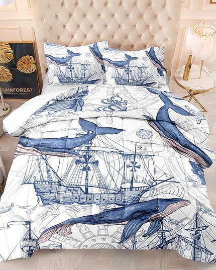 CVHOUSE Whale Comforter Set Queen Size,Ocean Theme Bedding Set for Kids,Whale Nautical Sailing Quilt Set Ocean Duvet Set Ocean Decor 3 Pieces - LeafyLoom