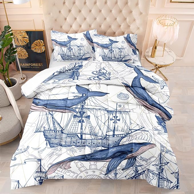 CVHOUSE Whale Comforter Set Queen Size,Ocean Theme Bedding Set for Kids,Whale Nautical Sailing Quilt Set Ocean Duvet Set Ocean Decor 3 Pieces - LeafyLoom