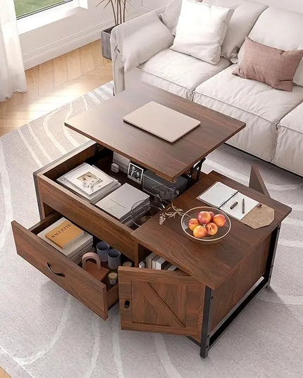 FABATO 41.7" Lift Top Coffee Table with Storage Drawer& Hidden Compartment Barn Door Cabinet Center Sofa Console Table for Living Room Farmhouse Industrial Wood, Espresso - LeafyLoom