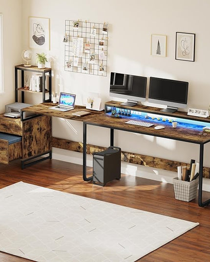 YITAHOME L Shaped Desk with Power Outlets & LED Lights, Reversible Computer Desk with Drawers & Hutch, Corner Desk Office Desk with Monitor Stand, Printer Stand, 2 Person Desk, Rustic Brown - LeafyLoom