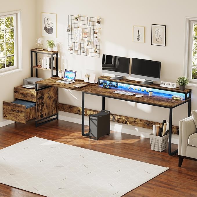 YITAHOME L Shaped Desk with Power Outlets & Hutch, Computer Desk with Drawers & LED Lights, Reversible Corner Office Desk with Printer Stand for Home Office, Rustic Brown - LeafyLoom