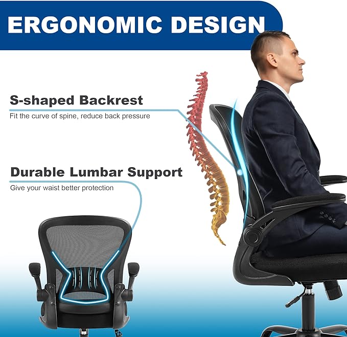Mesh Office Chair, Ergonomic Computer Chair with Flip-up Arms and Lumbar Support, Height Adjustable Home Office Desk Chairs, Black - LeafyLoom