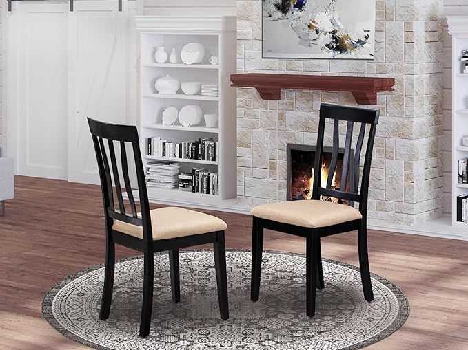 East West Furniture Antique Dining Linen Fabric Upholstered Wood Chairs, Set of 2, Black - LeafyLoom