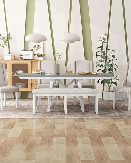 Classic, Rectangular Extendable 2, 12" W Removable Leaves and 4 Upholstered Chairs & 1 Bench, Room, Kitchen, White+Black, 6 Piece Dining Table Set - LeafyLoom