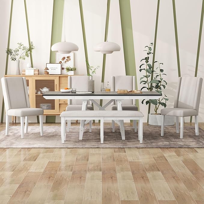 Classic, Rectangular Extendable 2, 12" W Removable Leaves and 4 Upholstered Chairs & 1 Bench, Room, Kitchen, White+Black, 6 Piece Dining Table Set - LeafyLoom