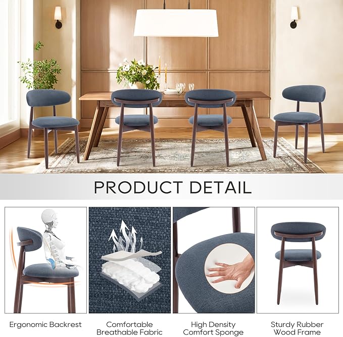 COLAMY Wooden Dining Chairs Set of 2, Modern Fabric Upholstered Kitchen Side Chairs, Farmhouse Dining Room Chair with Foot Pegs, Blue - LeafyLoom