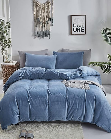 Wellboo Blue Velvet Comforters King Size Women Men Solid Lake Blue Fluffy Bedding Cotton Modern Plain Haze Blue Flannel Quilts Warm Winter Micromink Sherpa Blankets Aesthetic Plush Luxury Dorm Bed - LeafyLoom