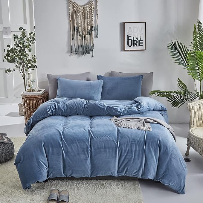 Wellboo Blue Velvet Comforters King Size Women Men Solid Lake Blue Fluffy Bedding Cotton Modern Plain Haze Blue Flannel Quilts Warm Winter Micromink Sherpa Blankets Aesthetic Plush Luxury Dorm Bed - LeafyLoom
