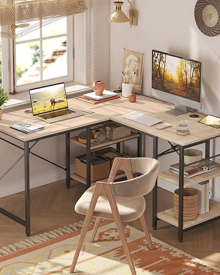 Bestier L Shaped Desk with Shelves 86.6 Inch Reversible Corner Computer Desk or 2 Person Long Table for Home Office Large Gaming Writing Storage Workstation P2 Board with 3 Cable Holes, Oak - LeafyLoom