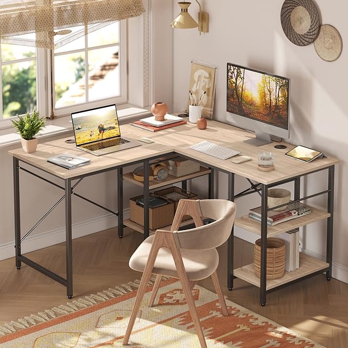 Bestier L Shaped Desk with Shelves 86.6 Inch Reversible Corner Computer Desk or 2 Person Long Table for Home Office Large Gaming Writing Storage Workstation P2 Board with 3 Cable Holes, Oak - LeafyLoom
