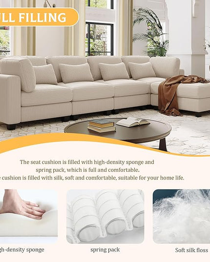 99.6" 5 Pieces L-Shaped Modular Sectional Sofa with Removable Ottomans and Waist Pillows, Modern Corduroy Fabric Upholstered Couch for Living Room, Apartment, Studio, Beige, 99.6 Inch - LeafyLoom
