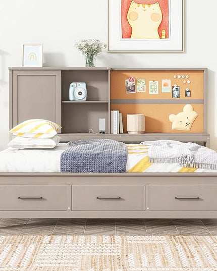 Twin Size Wooden Lounge Daybed with Storage Shelves, Cork Board, USB Ports and 3 Drawers, No Box Spring Needed, Antique Gray - LeafyLoom
