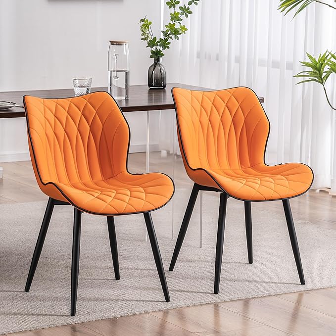 YOUNIKE Dining Chairs, Upholstered Faux Leather Kitchen Dining Room Chairs Set of 2, Modern Living Room Bedroom Side Chairs with Curved Wing Back and Adjustable Metal Legs, Orange - LeafyLoom