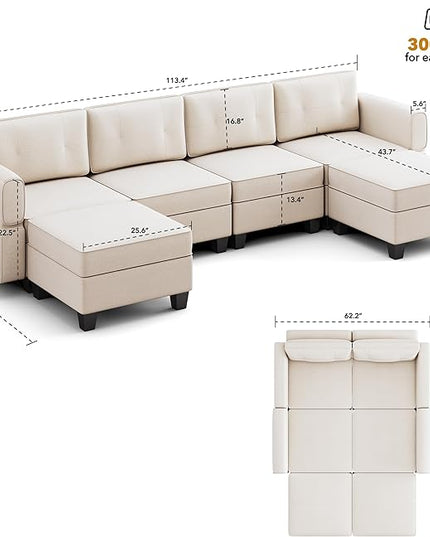 Modular Sectional Sofa, Convertible Sectional Couches for Living Room U Shaped Sectional Sofa Couch with Storage Ottoman, High Supportive 6 Seats Reversible Sectionals 113'' with Chaise, Beige - LeafyLoom