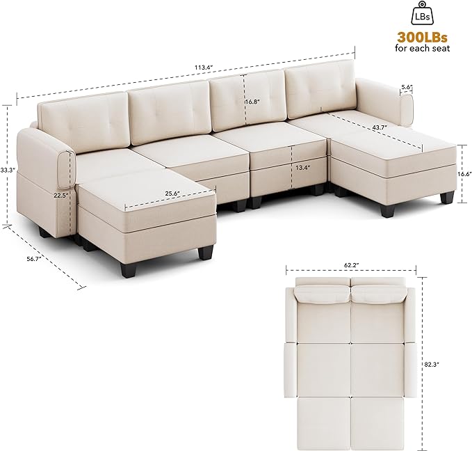 Modular Sectional Sofa, Convertible Sectional Couches for Living Room U Shaped Sectional Sofa Couch with Storage Ottoman, High Supportive 6 Seats Reversible Sectionals 113'' with Chaise, Beige - LeafyLoom