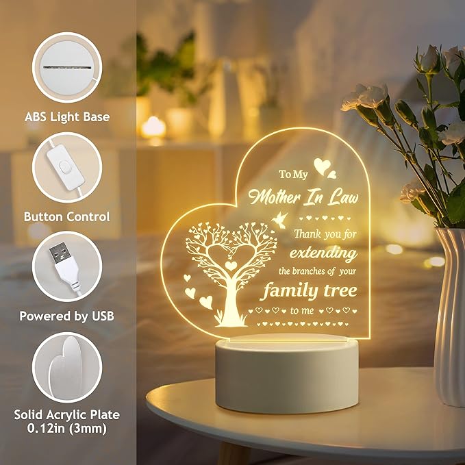 Gifts for Mother in Law, Mother in Law Birthday Gifts from Daughter in Law - Engraved Night Light, Mother in Law Birthday Thanksgiving Christmas Mother's Day Gifts - LeafyLoom