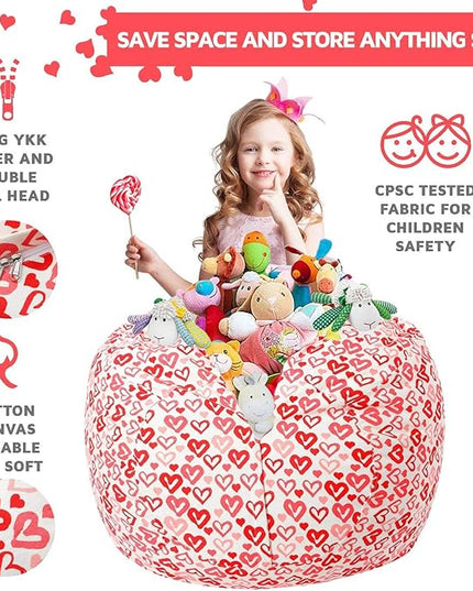 Wekapo Stuffed Animal Storage Bean Bag Chair Cover for Kids | Stuffable Zipper Beanbag for Organizing Children Plush Toys Large Premium Cotton Canvas (Heart, XX-Large) - LeafyLoom