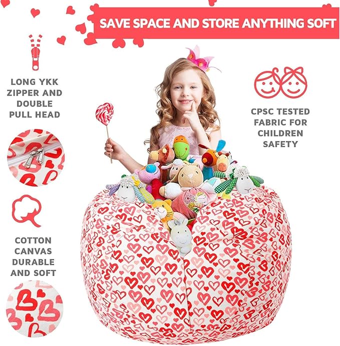 Wekapo Stuffed Animal Storage Bean Bag Chair Cover for Kids | Stuffable Zipper Beanbag for Organizing Children Plush Toys Large Premium Cotton Canvas (Heart, XX-Large) - LeafyLoom