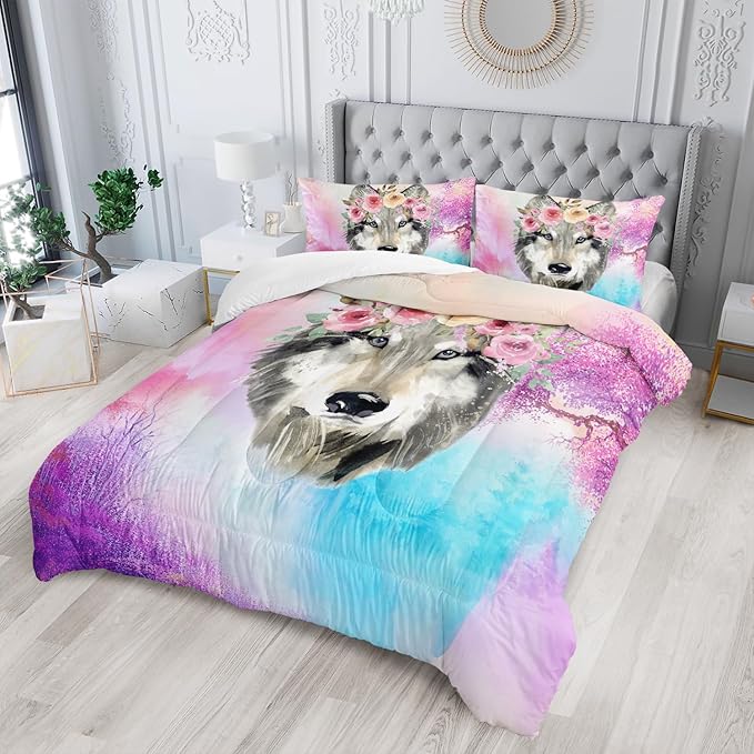 Wolf Comforter Set Tie Dye Wolf Bedding Set for Kids Teens Room Decor Romantic Pink Rose Wild Animals Comforter with 2 Pillowcases - LeafyLoom