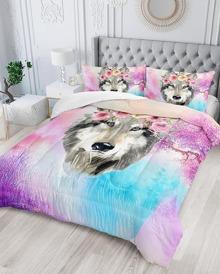 Wolf Comforter Set Tie Dye Wolf Bedding Set for Kids Teens Room Decor Romantic Pink Rose Wild Animals Comforter with 2 Pillowcases - LeafyLoom