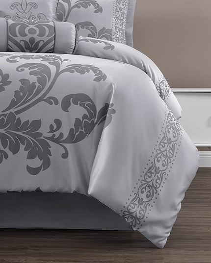 Chezmoi Collection 7-Piece Jacquard Floral Comforter Set (King, Silver/Gray) - LeafyLoom