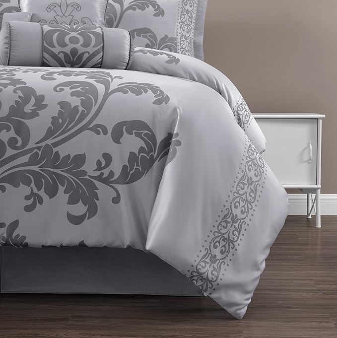 Chezmoi Collection 7-Piece Jacquard Floral Comforter Set (King, Silver/Gray) - LeafyLoom
