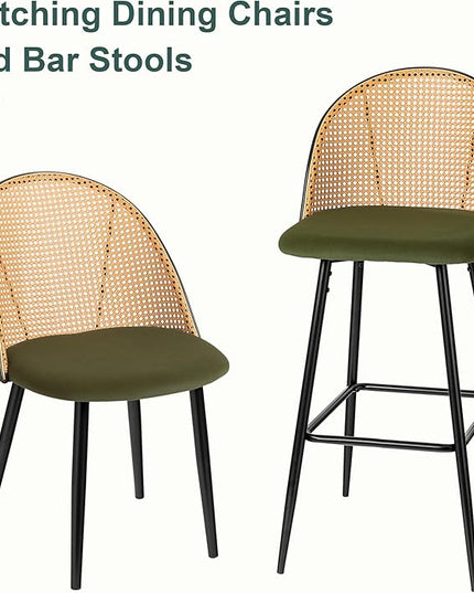 Mid Century Modern Dining Chairs Set of 2, Olive Green Dining Chairs, Kitchen Chairs with Full Rattan Back and Metal Tapered Legs, Kitchen & Dining Room Chairs - LeafyLoom