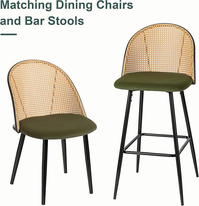 Mid Century Modern Dining Chairs Set of 2, Olive Green Dining Chairs, Kitchen Chairs with Full Rattan Back and Metal Tapered Legs, Kitchen & Dining Room Chairs - LeafyLoom