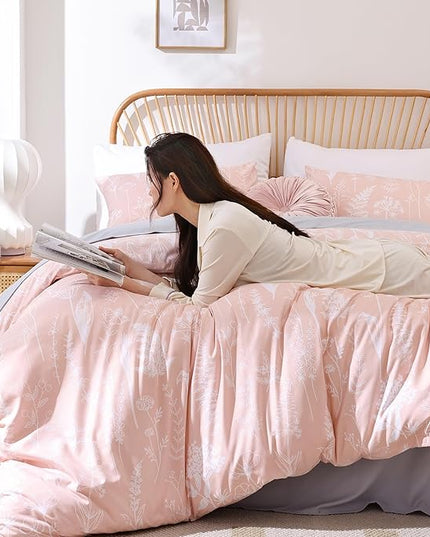 JANZAA Pink Comforter Set Queen Floral Comforter Set 3 PCS Cute Bedding Sets Blush Comforter Set Plant Flowers Printed on Fluffy Comforter Set for All Season - LeafyLoom