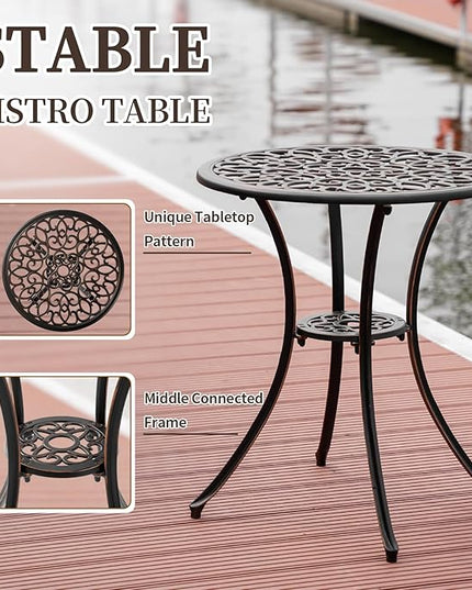 3 Piece Outdoor Bistro Set, Cast Aluminum Bistro Table and Chairs Set, Weather Resistant Patio Metal Bistro Sets, Patio Table Set with Umbrella Hole for Balcony Backyard Garden - LeafyLoom
