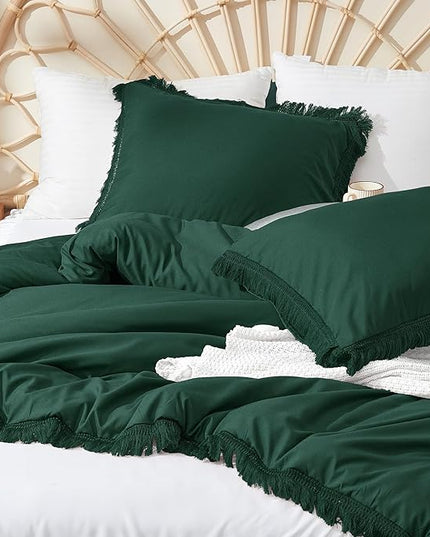 Litanika Comforter King Size Set Emerald Green, 3 Pieces Forest Green Boho Tassel Bed Comforter, All Season Oversized Bedding Comforter Sets (1 Comforter 104x90 inch, 2 Pillowcases) - LeafyLoom