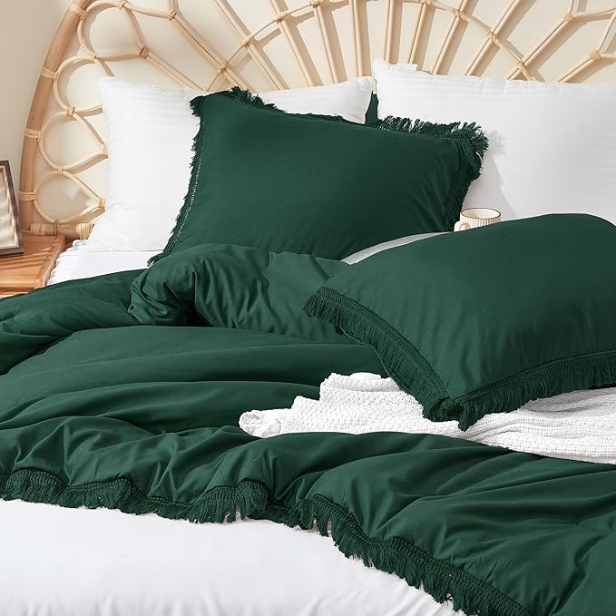 Litanika California King Comforter Set Emerald Green, 3 Pieces Cal King Forest Green Boho Tassel Bed Comforter, All Season Oversized Bedding Comforter Sets (1 Comforter 104x96 inch, 2 Pillowcases) - LeafyLoom