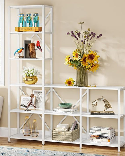 Tribesigns 9 Shelves Bookshelves, Industrial Ladder Corner Etagere Bookcase, Rustic 6-tier Display Open Shelf Storage Organizer for Living Room (White) - LeafyLoom